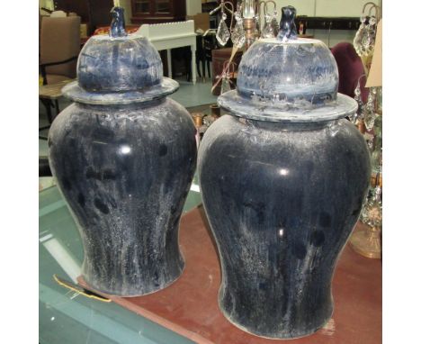 TEMPLE JARS, a pair, in ceramic Royal blue glaze, 53cm H. (2)