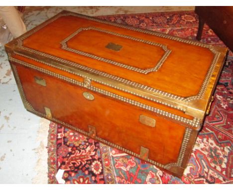 TRAVELLING TRUNK, 19th century Chinese export brass studded tan hide leather camphorwood with rising lid and carrying handles