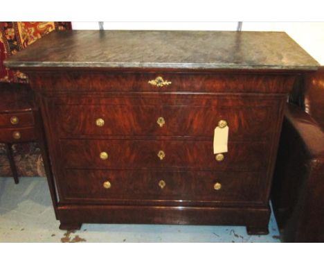 COMMODE, 19th century French Louis Philippe figured walnut with variegated grey marble top and five long drawers, 125cm W x 9