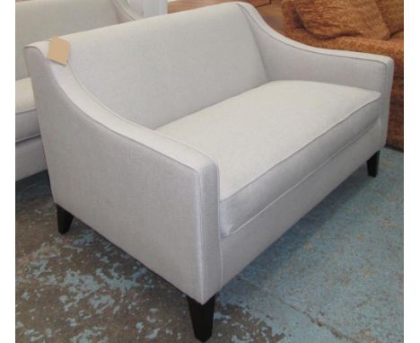 SOFA, Contemporary design, sloping arms in light grey upholstery, 130cm L x 90cm W x 76cm H. 