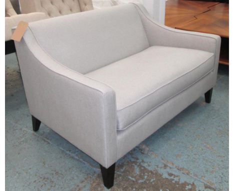 SOFA, Contemporary design, sloping arms in light grey upholstery, 130cm L x 90cm W x 76cm H. 