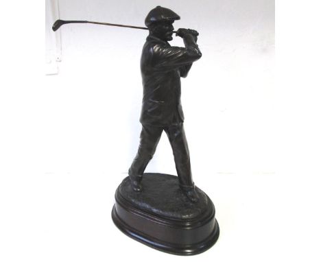BRONZE GOLFER, 'Bobby Jones' modelled mid swing on wooden plinth, 47cm H.
