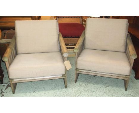 ARMCHAIRS, a pair, vintage faded teak with slatted backs and taupe cotton cushion seats, 73cm W. (2)
