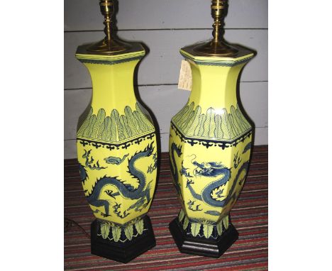 TABLE LAMPS, a pair, yellow ceramic in Oriental style, retailed by Tindle, 70cm H overall. (2)