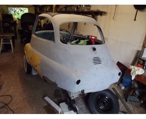 A 1961 BMW Isetta 300 restoration project, registration number 742 UPA, chassis number 327310, engine number 327210, blue. Fr