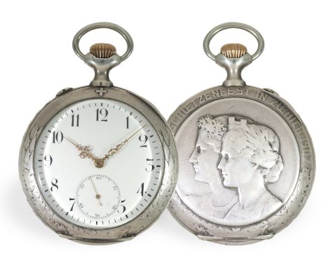 Taschenuhr: seltene IWC Schützenuhr, Schützenfest Zürich 1907: Ca. Ø 53mm, ca. 106g, Silber, Reliefgehäuse, Gehäusenummer 400