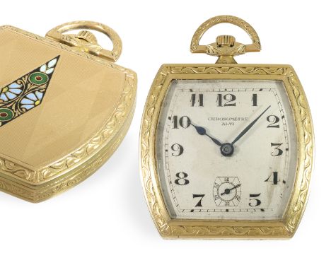 Taschenuhr: äußerst seltene Art Deco Gold/Emaille Frackuhr in Chronometerqualität , ca. 1925: Ca. 41 × 52mm, ca. 61g, solides