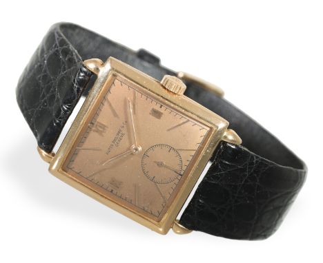Armbanduhr: Frühe Patek Philippe Herrenuhr "Pink", 40er Jahre: Ca. 27 × 27mm, 18K Roségold, Handaufzug, Gehäusenummer 621828,