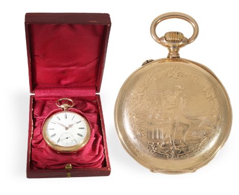Taschenuhr: interessante, goldene IWC Herrenuhr mit fein gravierter Szene, ca. 1895: Ca. Ø 49mm, ca. 82g, 14K Rotgold, Gehäus