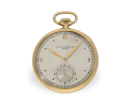 Taschenuhr: hochfeine Patek Philippe Frackuhr mit Präzisionswerk, Art déco um 1930: Ca. Ø45mm, ca. 55g, 18K Gold, Gehäuse, We