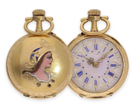 Taschenuhr: seltene Art Nouveau Gold/Emaille-Damenuhr mit Darstellung der Göttin Athena, Le Coultre No.6098, ca. 1900: Ca. Ø3