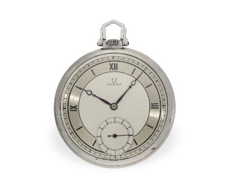 Taschenuhr: seltene und außergewöhnlich schöne Art déco Stahl-Frackuhr, Omega, um 1934: Ca. Ø46mm, ca. 45g, gestuftes Stahlge