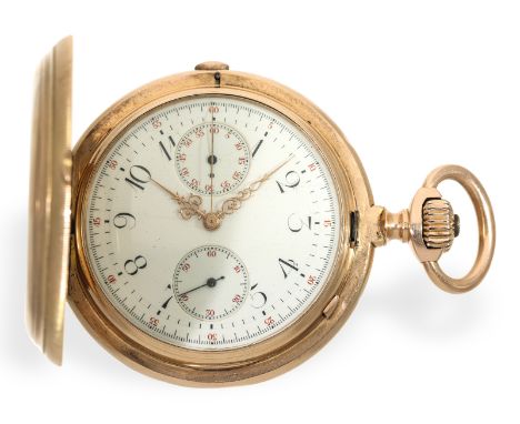 Taschenuhr: besonders schweres Ankerchronometer mit Chronograph, ca. 1890: Ca. Ø 58mm, ca. 145g, 14K Rotgold, Savonnette à-go