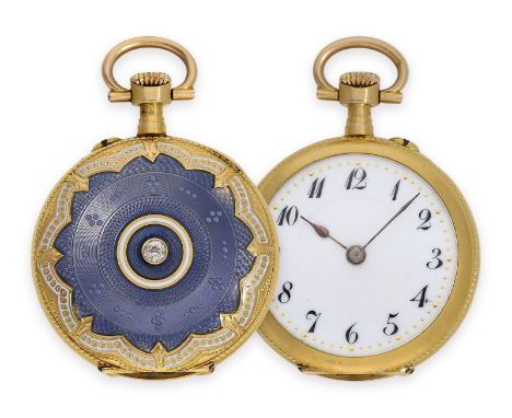 Taschenuhr/Anhängeuhr: exquisite Art Nouveau Gold/Emaille-Damenuhr mit Diamantbesatz, Spitzenqualität, um 1910: Ca. Ø28,5mm, 