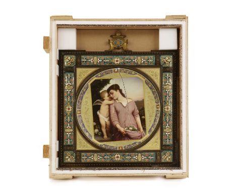 A large Continental porcelain plaque,mounted within a brassed metal frame with enamelled pottery borders decorated in an Aest