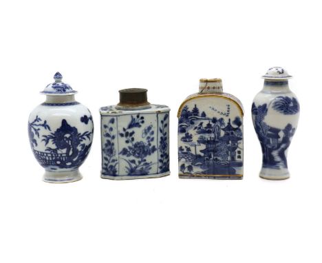A collection of Chinese export blue and white,18th-19th century, comprising: two baluster vases and associated covers, painte