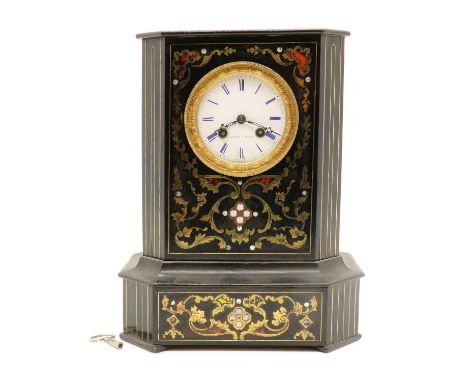 A brass inlaid ebonised mantel clock,late 19th century, the enamel dial inscribed 'Leroy a Paris', with a striking French dru