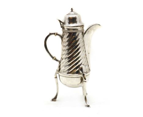 A silver coffee pot,late 19th to early 20th century, possibly German, marked 800M, the hinged cover leading to a writhen body