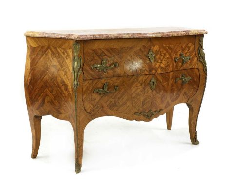 A Louis XV-style kingwood and marquetry commode,early 20th century, French, of bombe shape with a serpentine marble top above