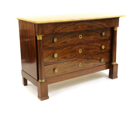 A French Empire mahogany commode,  19th century, with rectangular mottled marble top over a single frieze drawer, in turn ove