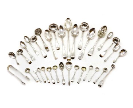 A collection of silver flatware,George II and later, to include a Scottish serving spoon with engraved initials, by William &