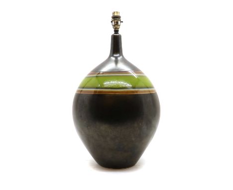 A 1960s ceramic glazed table lamp, with a green and brown band, 52cm high
