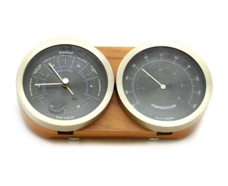 A teak desktop weather station,c.1965, designed by Sir Kenneth Grange for Short &amp; Mason, with a thermometer and barometer