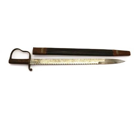 A British Pioneers sword bayonet,with a sawback blade and scabbard, stamped '1/88 War Dept B19',57cm blade72.5cm longProvenan