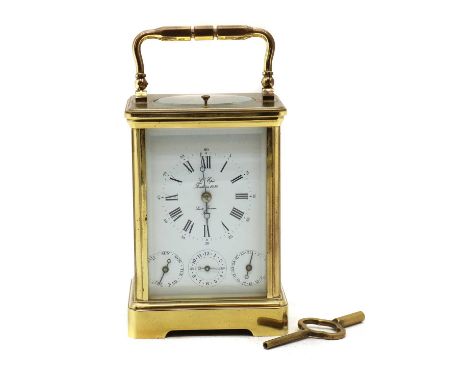A brass carriage clock,the dial inscribed 'L'Epee Fondee en 1839 Sainte Suzanne France', with three subsidiary dials, enclosi