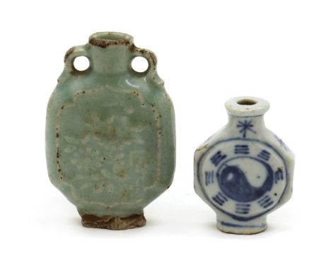 Two Chinese porcelain snuff bottles,19th-20th century, comprising:one of compressed baluster form, decorated with moulded flo