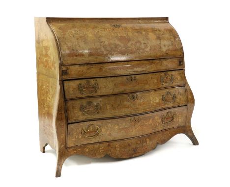 A Dutch walnut and marquetry bombe bureau,19th century, the drop flap revealing a fitted interior of nine drawers, and a slid