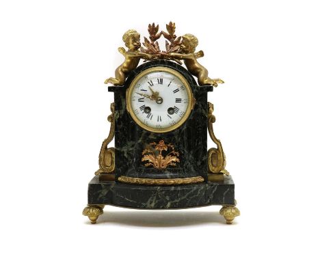 A French ormolu and marble mantel clock, late 19th century, with an enamelled dial, striking the half hour on a bell, with a 