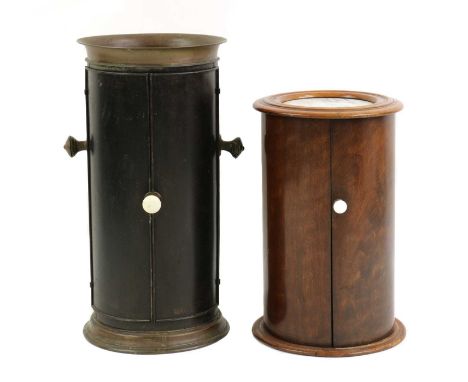 A Victorian cylindrical pot cupboard,with a marble inset top, and ceramic handle,39cm diameter62cm hightogether with a metal 