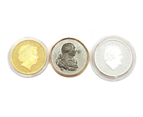 A 'Westminster Collection' gilt and enamel Jersey Fifty Pence, 2013,a medal commemorating Prince Rainier III of Monaco, 1989 