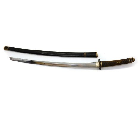 A Japanese Naval Katana sword, 20th century, with a woven handle, blade 66cm, with a lacquered scabbard, approximately 98cm l