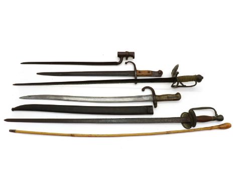 A group of five swords and bayonets,comprising two 18th/19th century officer's swords, one with a brass hilt depicting the ru