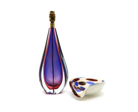 A purple and red cased glass table lamp, 1960s, 41cm high and a Murano glass ashtray, 17cm (2)Condition ReportPolished chip t