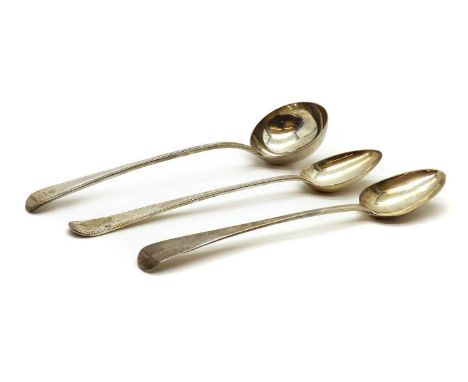 A Victorian silver ladle,by George Adams, London 1864, Old English pattern with an engraved crest,34cm longtogether with a Ge