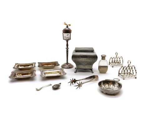 A collection of silver plated items,to include a novelty cigar lighter, in the form of a street lamp, with a glass reservoir,