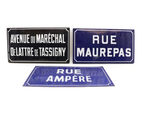 A group of three French enamel signs,20th century, comprising an example for 'Rue Maurepas' in the Commune of Thiais, and 'Ru