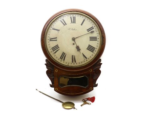 A Victorian rosewood drop dial wall clock,the painted dial inscribed 'R Vallane', with a single fusee movement, the case with