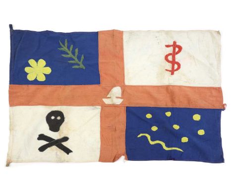 An important WWII SOE Jolly Roger sailing standard,comprised of blue and white cotton fields separated by a red cross, each f
