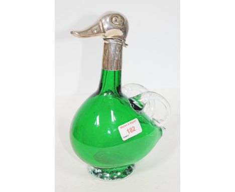 An green glass and silver mounted decanter formed as a duck marked 'Sterling', height 24cm.