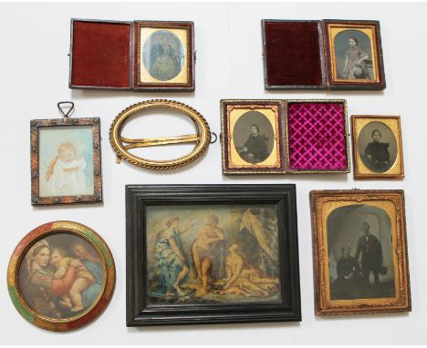 A group of Victorian photographs, a gilt brass frame, a miniature portrait on ivory, and two prints.