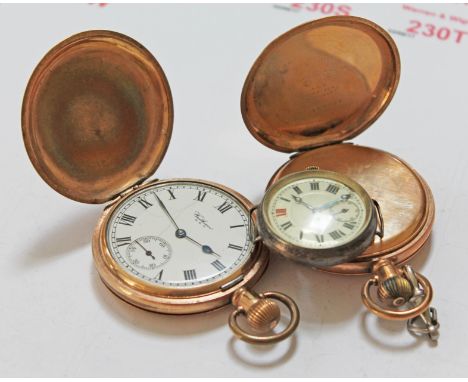 Two gold plated pocket watches and a trench type watch.