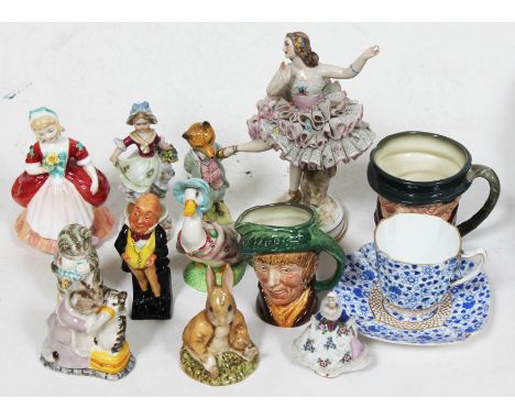 A mixed lot to include Royal Doulton; Valerie HN2107, Micawber, two Character jugs, Foxy Whiskered Gentlemen and Gemima Puddl