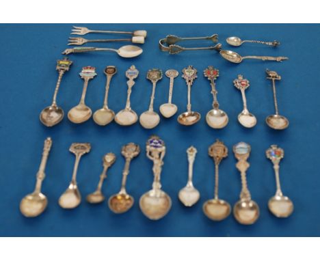 HALLMARKED SILVER AND ENAMEL SPOON "SKIPTON" together with TWENTY ONE OTHER HALLMARKED , STERLING 925 or 800 MARK DITTO inclu