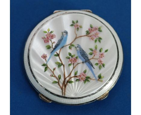 A POST WAR SILVER AND GUILLOCHE ENAMELLED LADY'S COMPACT, the cover decorated with two parakeets, on flowering branches, Birm