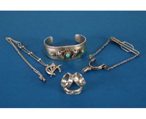 BROAD BANGLE, the open top set with three turquoise, open back; relating 'Sterling' and THREE OTHER STERLING ITEMS viz TRIPLE