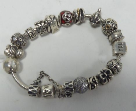 PANDORA SILVER SNAKE PATTERN CHAIN BRACELET, with clasp and safety chain with sixteen PANDORA SILVER CHARMS 
